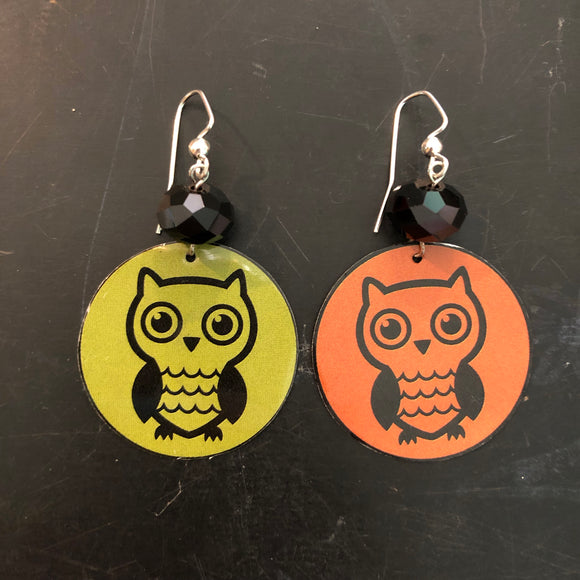 Green and Orange Owl Tin Earrings with Bead