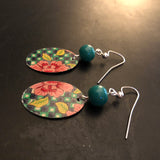 Pink, Blue and Green Floral Tin Earrings with Green Beads