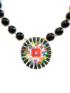 Black and White with Floral Tin Necklace