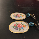 Pink Rose Floral Oval Tin Earrings with Beads