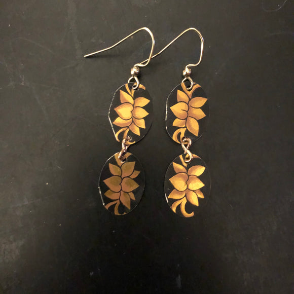 Tiered Gold Floral on Black Tin Earrings