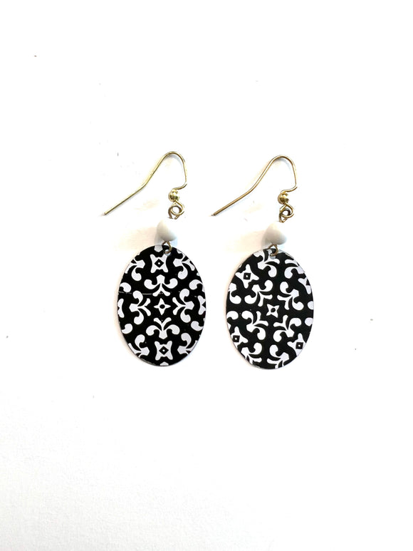 Black and White Oval Tin Earrings with Beads