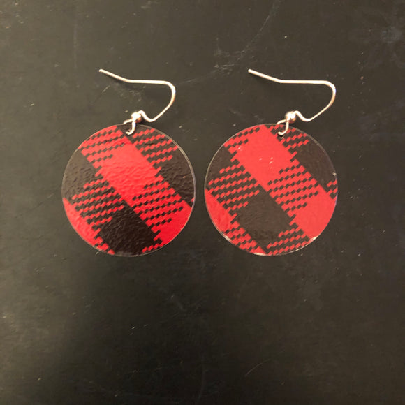 Red and Black Buffalo Check Circle Tin Earrings