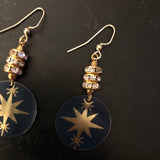 Midnight Blue with Gold Stars Tin Earrings with Rhinestone Beads