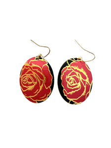 Red and Gold Roses on Black Tin Earrings
