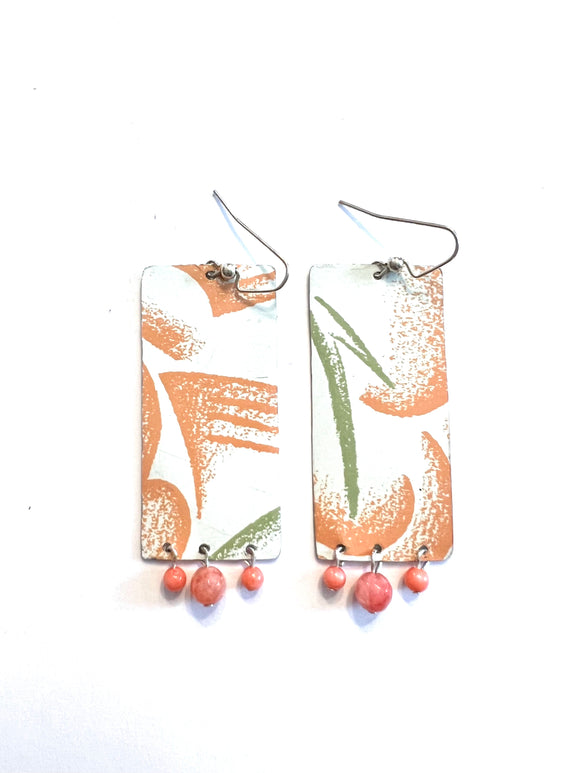 Peach Rectangle Tin Earrings with Beads