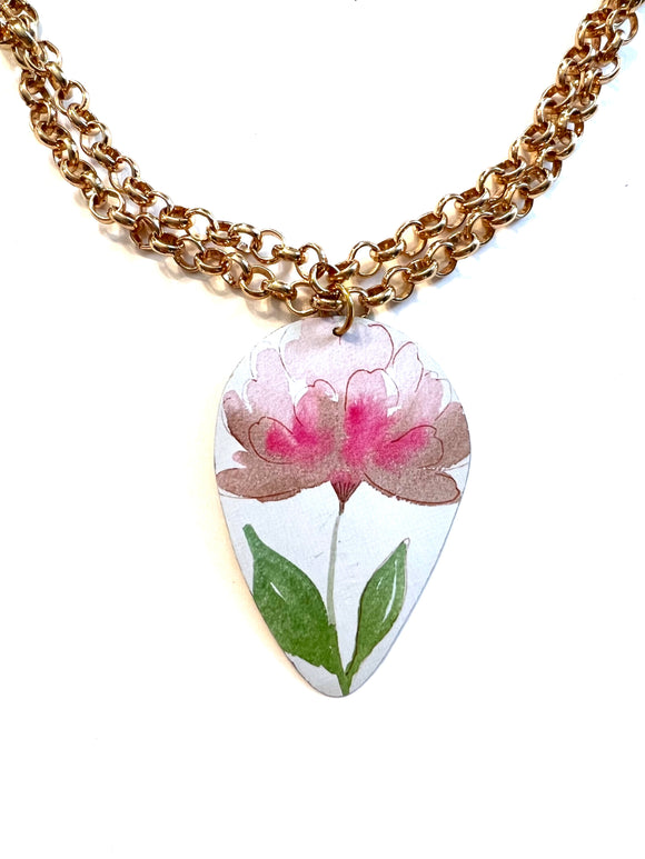 Pink and White Peony on Double Strand Tin Necklace
