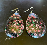 Black with Pink Floral Tin Earrings