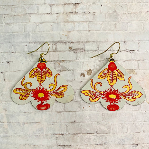 Coral and Gold Floral Fan Tin Earrings