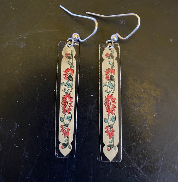 Slim Rectangles of Red Floral Tin Earrings