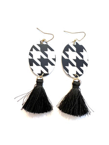 Black and White Houndstooth Tin Earrings with Tassels