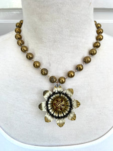 Cream and Black Flower Tin Necklace