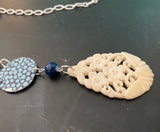 Blue Circles Tin Necklace with Carved Bone Pendant