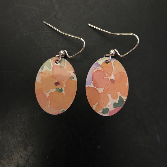 Peach Watercolor Flower Oval Tin Earrings