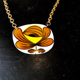 Large Orange and Brown Mid Century Flower Tin Necklace