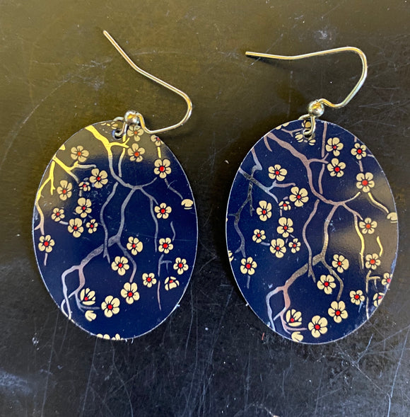 Cherry Blossoms on Midnight Blue Tin Earrings