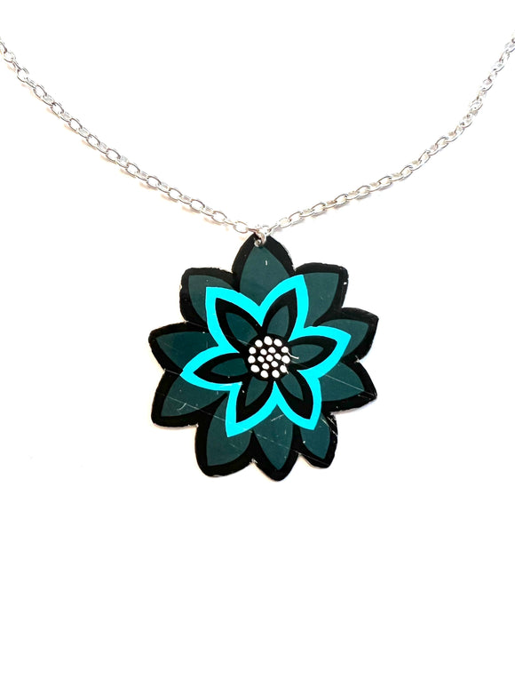 Mid century Modern Blue Flower Tin Necklace