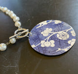 Blue with White Cherry Blossom Circle Tin Necklace with Freshwater Pearls