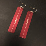 Thin Burgundy Rectangle with Gold Filigree Tin Earrings
