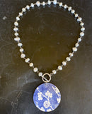 Blue with White Cherry Blossom Circle Tin Necklace with Freshwater Pearls