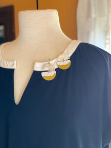 Navy Blouse White and Gold Tin Earrings