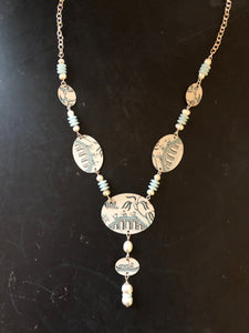 Bridge and Bird Tin Necklace with Disc Beads and Freshwater Pearls