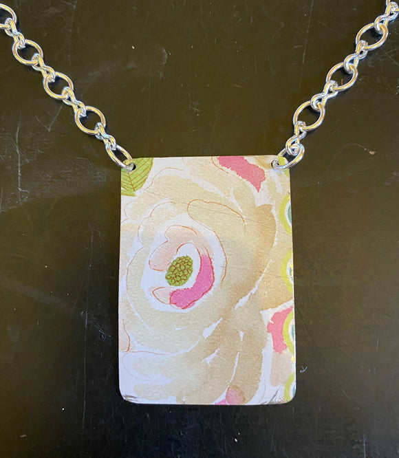 Cream and Pink Painted Flower Tin Necklace