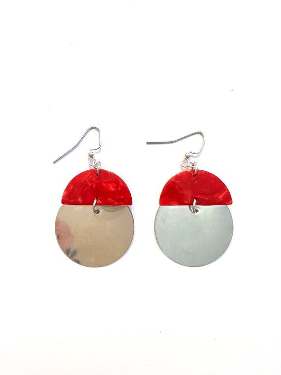 Silver Tin Earrings with Red Resin