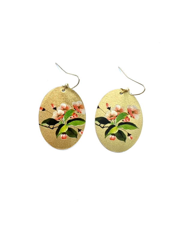 Pink Floral on Gold Tin Earrings