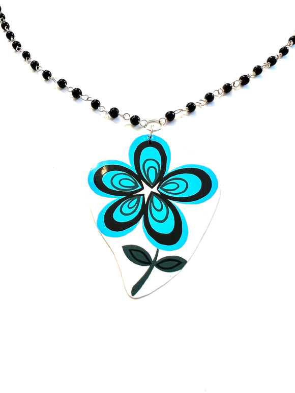 Blue and Black Mid Century Flower Beaded Tin Necklace