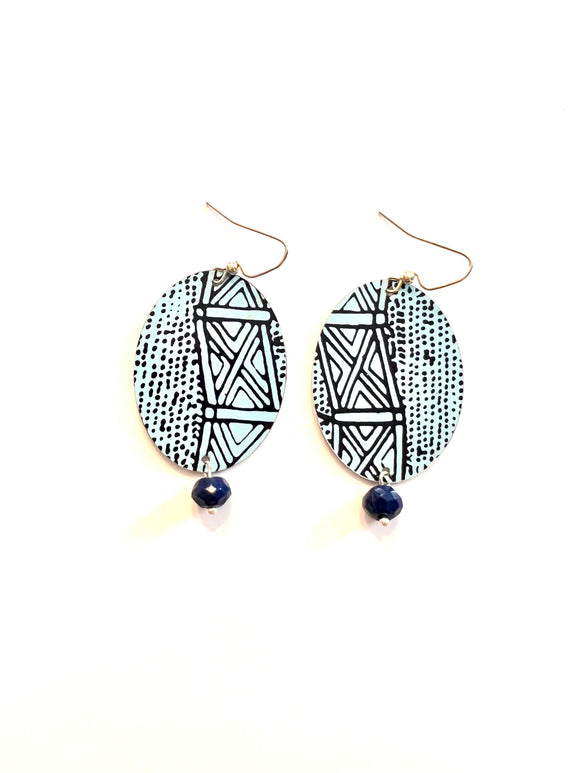 Royal Blue Geometric Design Oval Tin Earrings with Beads
