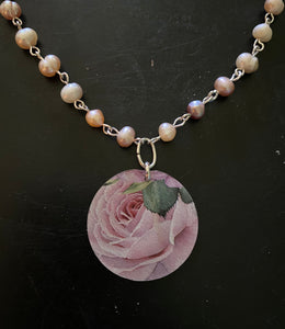 Pink Rose Tin Necklace with Freshwater Pearl