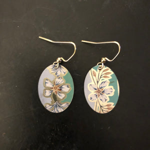 Green with White Flowers Tin Earrings