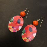 Pink and Orange Floral Tin Earrings with Orange Beads