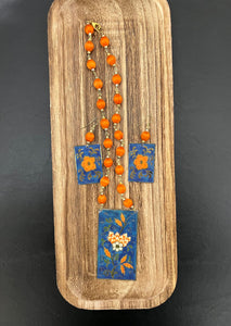 Royal and orange Floral Tin Necklace and Earrings