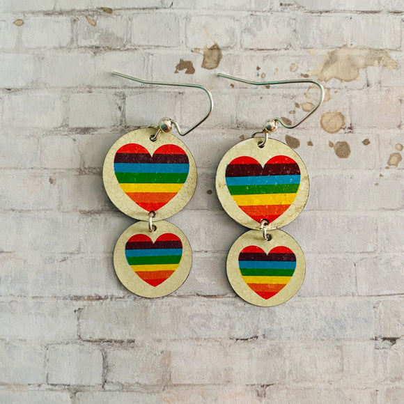 Two Tiered Circle Rainbow Heart Tin Earrings