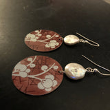 Red Cherry Blossom Circle Tin Earrings with Freshwater Pearls
