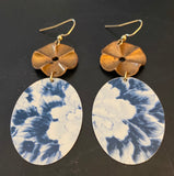 Blue and White Oval Floral Tin Earrings with Brass Beads