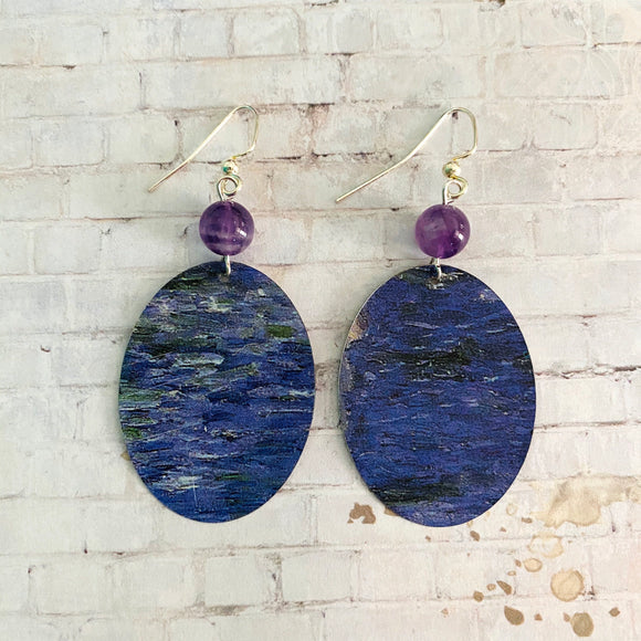 Purple and Blue Abstract Waves Oval Tin Earrings with Beads