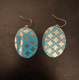 Silver and Blue Quatrefoil Oval Tin Earrings