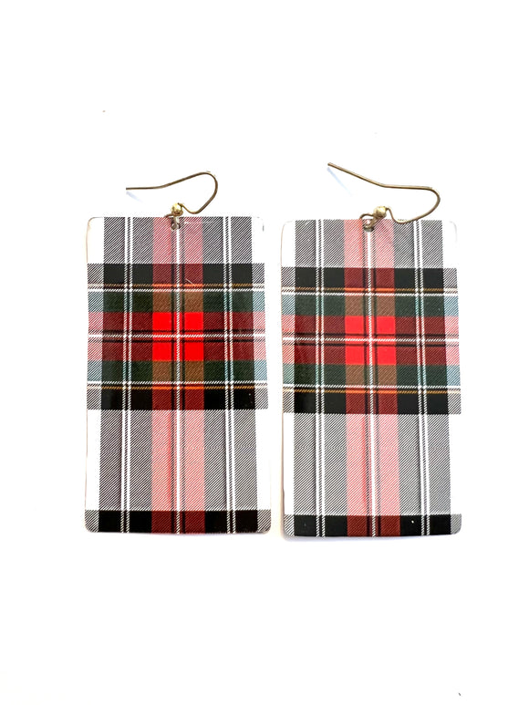 Large Rectangle Red and Grey Plaid Tin Earrings