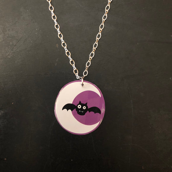 Crescent Moon with Bat Tin Necklace