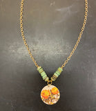 Yellow Rose Circle Tin Necklace with Green Shell Bead