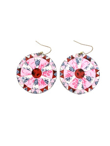 Pink and Blue Floral Quilt Pattern Tin Earrings