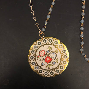 Circle Red and Blue Floral with Gold Tin Necklace