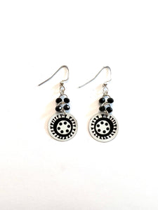 Black and White Circle Tin Earrings with Black Beads