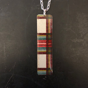 Long Red and Green Plaid Rectangle Tin Necklace