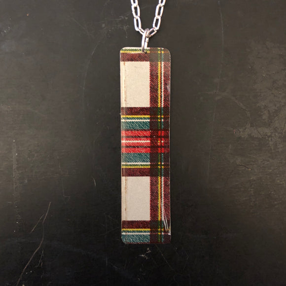 Long Red and Green Plaid Rectangle Tin Necklace