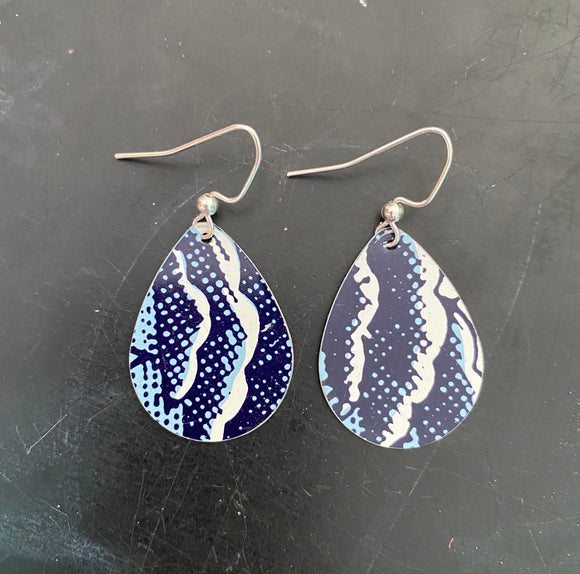 Navy Blue and White Waves Tin Earrings