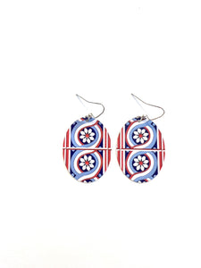 Red Blue and White Tile Pattern Oval Tin Earrings
